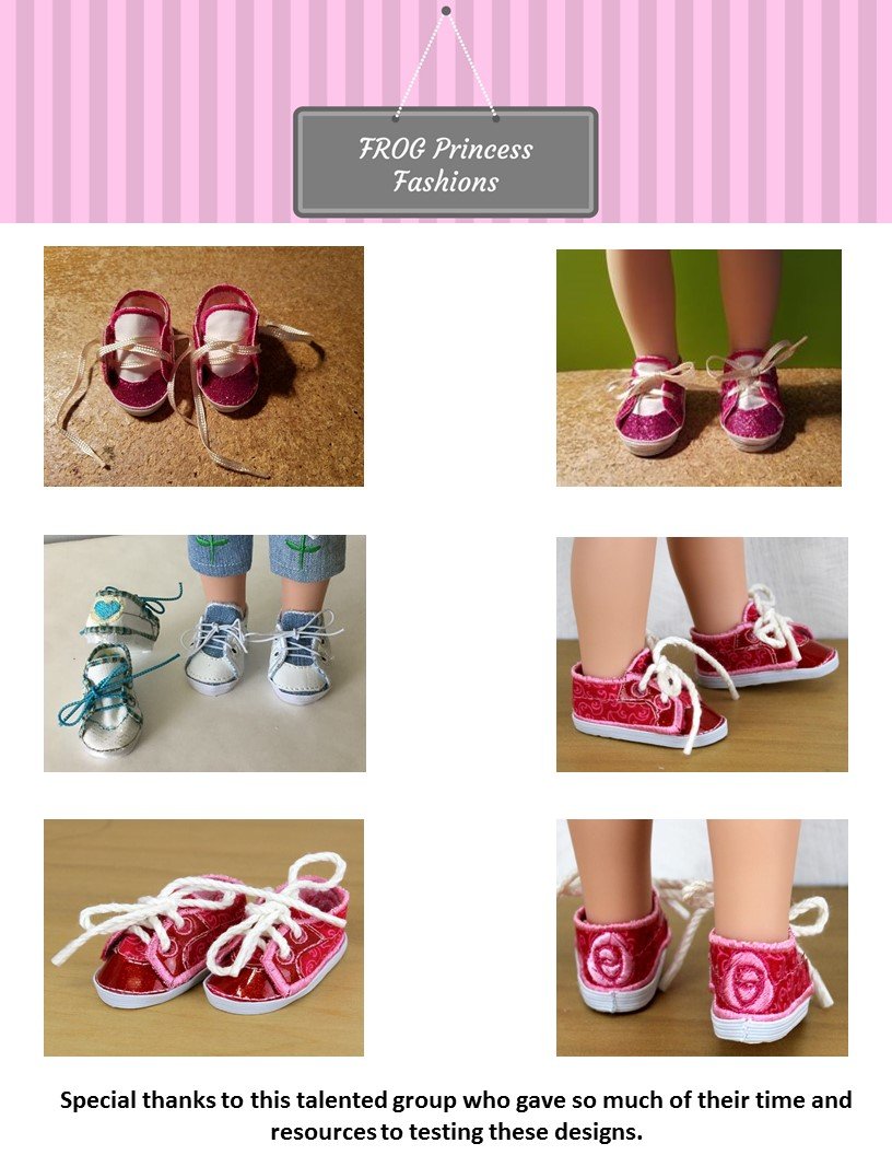 Frog Princess Fashions Machine Embroidery Design Sweet Sneaks for 13" - 14.5" Dolls Machine Embroidery Design Pixie Faire