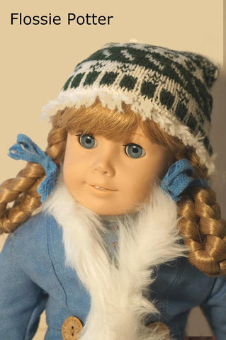 Flossie Potter Knitting Sampler Stocking Cap and Mitts 18" Doll Knitting Pattern Pixie Faire