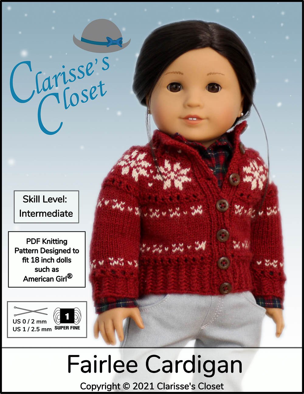 Clarisse's Closet Knitting Fairlee Cardigan 18" Doll Clothes Knitting Pattern Pixie Faire