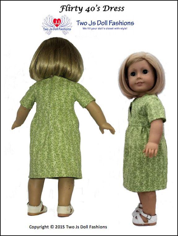 Two Js Doll Fashions 18 Inch Historical Flirty 40s Dress 18" Doll Clothes Pattern Pixie Faire