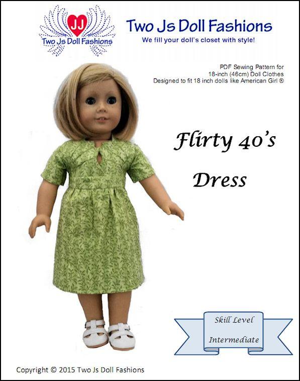 Two Js Doll Fashions 18 Inch Historical Flirty 40s Dress 18" Doll Clothes Pattern Pixie Faire