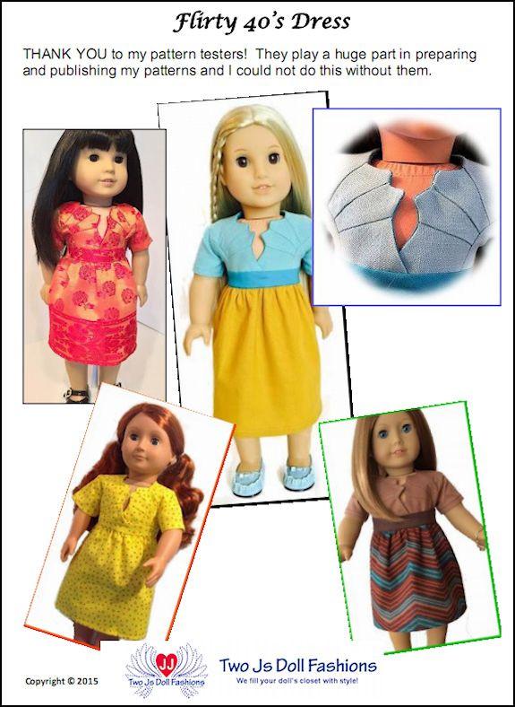 Two Js Doll Fashions 18 Inch Historical Flirty 40s Dress 18" Doll Clothes Pattern Pixie Faire