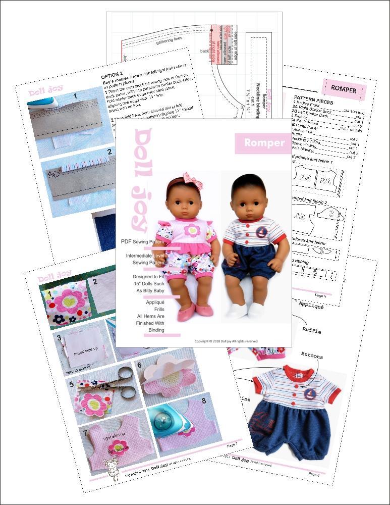 Doll Joy Bitty Baby/Twin Romper 15" Baby Doll Clothes Pattern Pixie Faire
