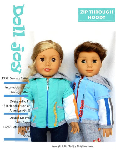 Doll Joy 18 Inch Modern Zip Through Hoody 18" Doll Clothes Pattern Pixie Faire