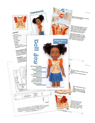 Doll Joy WellieWishers Flutter Sleeve Top 14.5 - 15" Doll Clothes Pattern Pixie Faire
