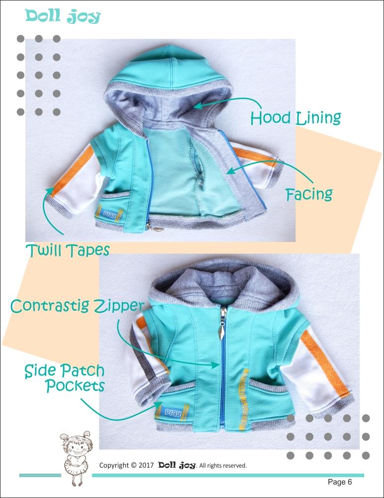 Doll Joy 18 Inch Modern Zip Through Hoody 18" Doll Clothes Pattern Pixie Faire