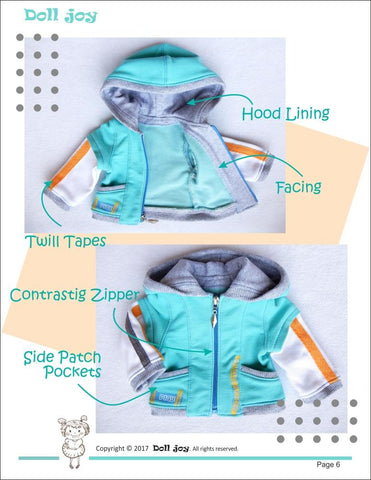 Doll Joy 18 Inch Modern Zip Through Hoody 18" Doll Clothes Pattern Pixie Faire