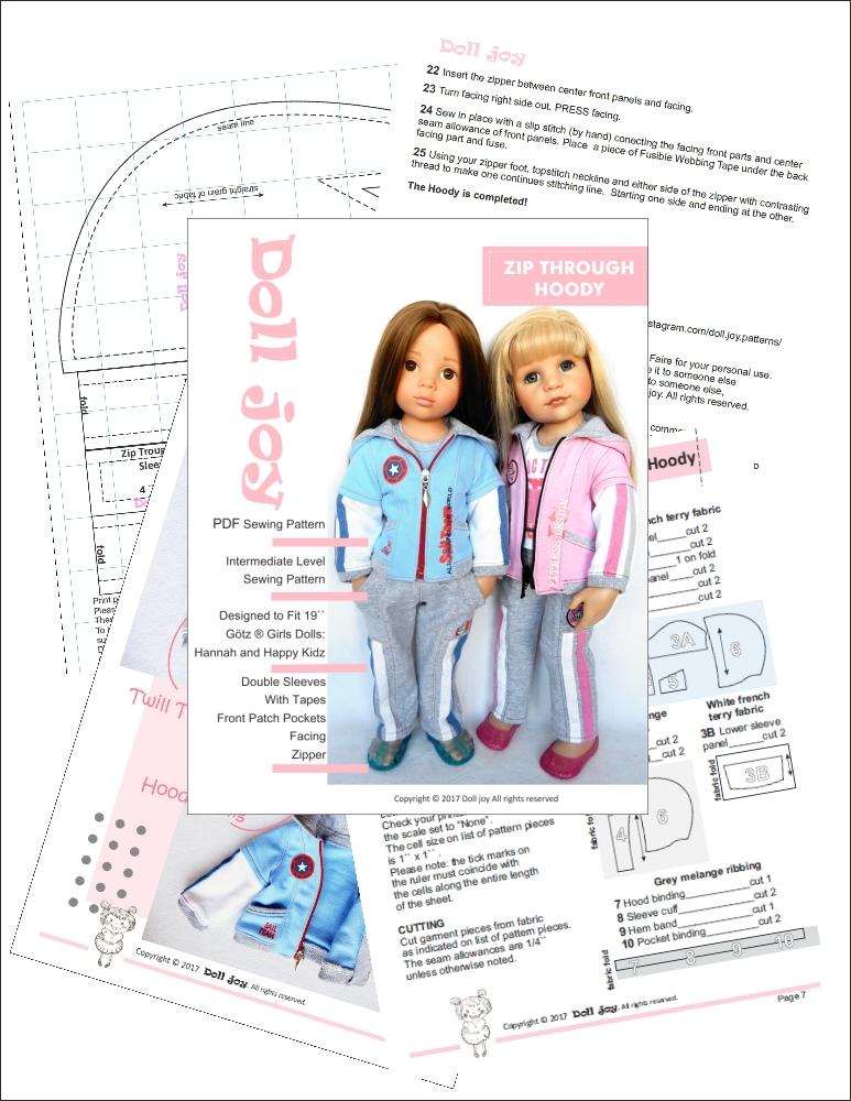 Doll Joy Gotz 19 Inch Zip Through Hoody Pattern for 19" Gotz Dolls Pixie Faire