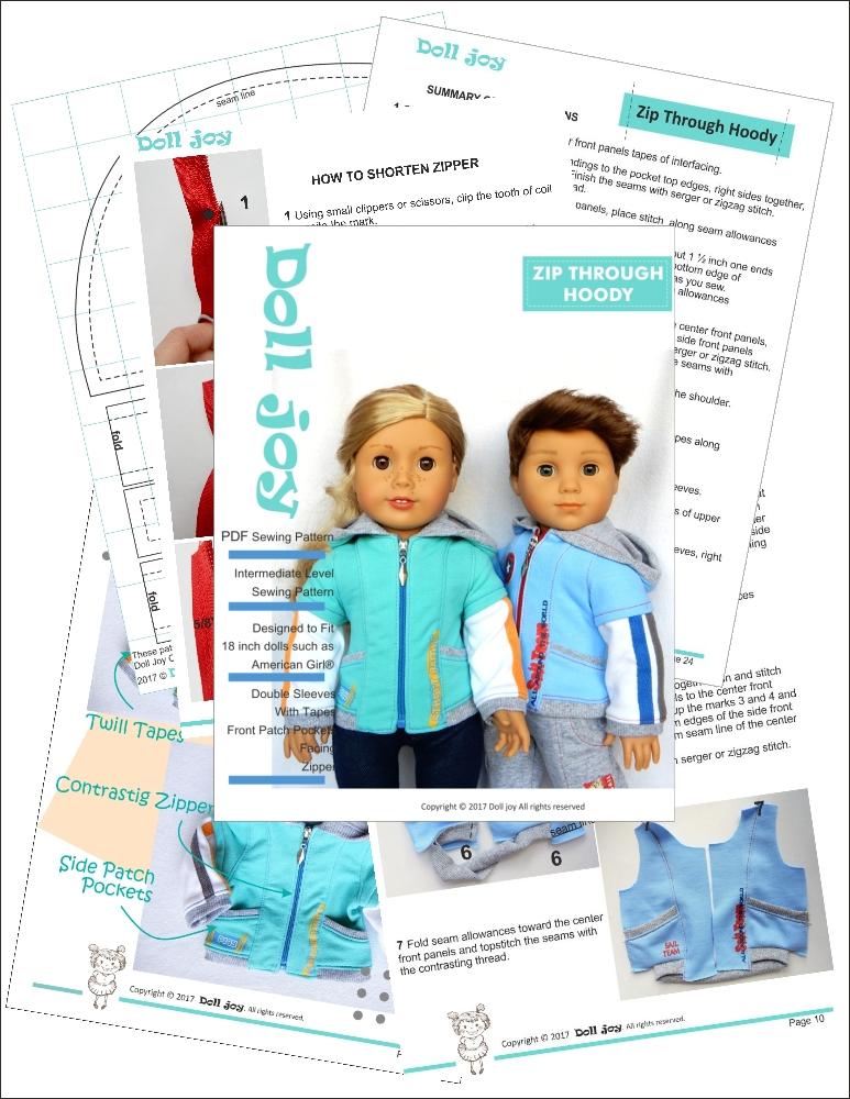 Doll Joy 18 Inch Modern Zip Through Hoody 18" Doll Clothes Pattern Pixie Faire