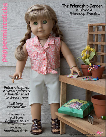 Peppermintsticks 18 Inch Modern The Friendship Garden Tie Blouse and Friendship Bracelets 18" Doll Clothes Pattern Pixie Faire