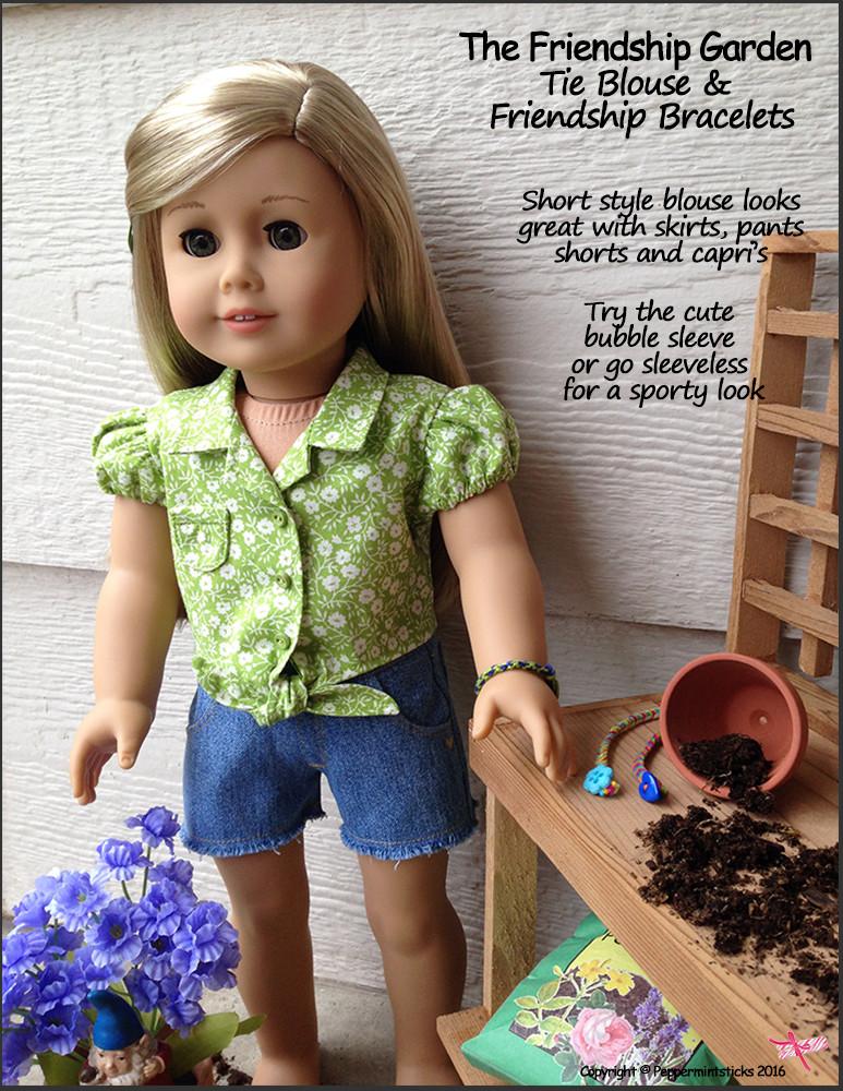 Peppermintsticks 18 Inch Modern The Friendship Garden Tie Blouse and Friendship Bracelets 18" Doll Clothes Pattern Pixie Faire