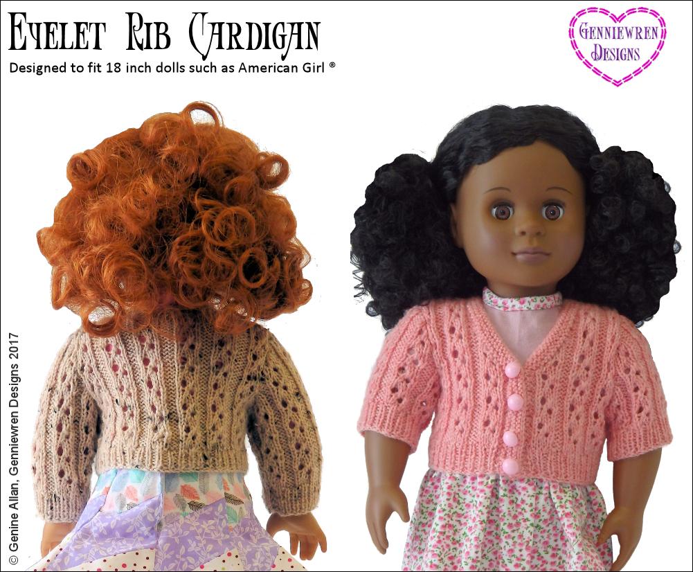Genniewren Knitting Eyelet Rib Cardigan 18" Doll Knitting Pattern Pixie Faire