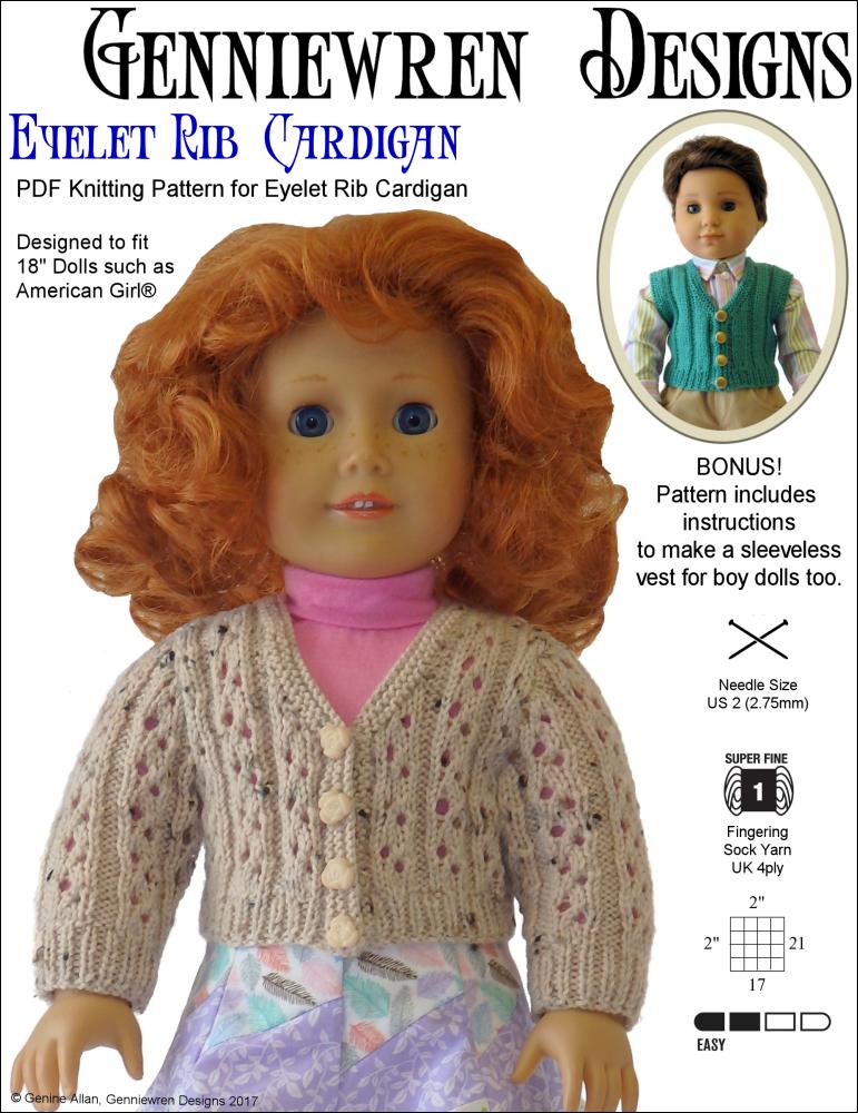 Genniewren Knitting Eyelet Rib Cardigan 18" Doll Knitting Pattern Pixie Faire