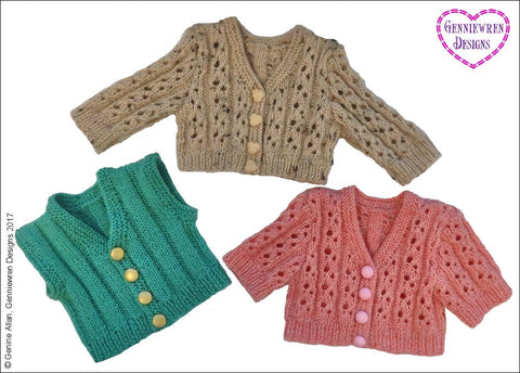 Genniewren Knitting Eyelet Rib Cardigan 18" Doll Knitting Pattern Pixie Faire