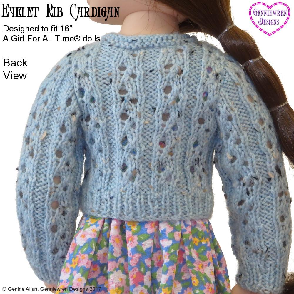 Genniewren A Girl For All Time Eyelet Rib Cardigan Knitting Pattern for AGAT Dolls Pixie Faire