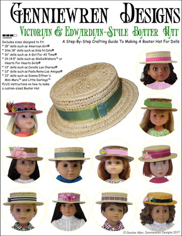 Genniewren 18 Inch Historical Victorian & Edwardian-Style Boater Hat Pattern for 13-18 Inch Dolls Pixie Faire