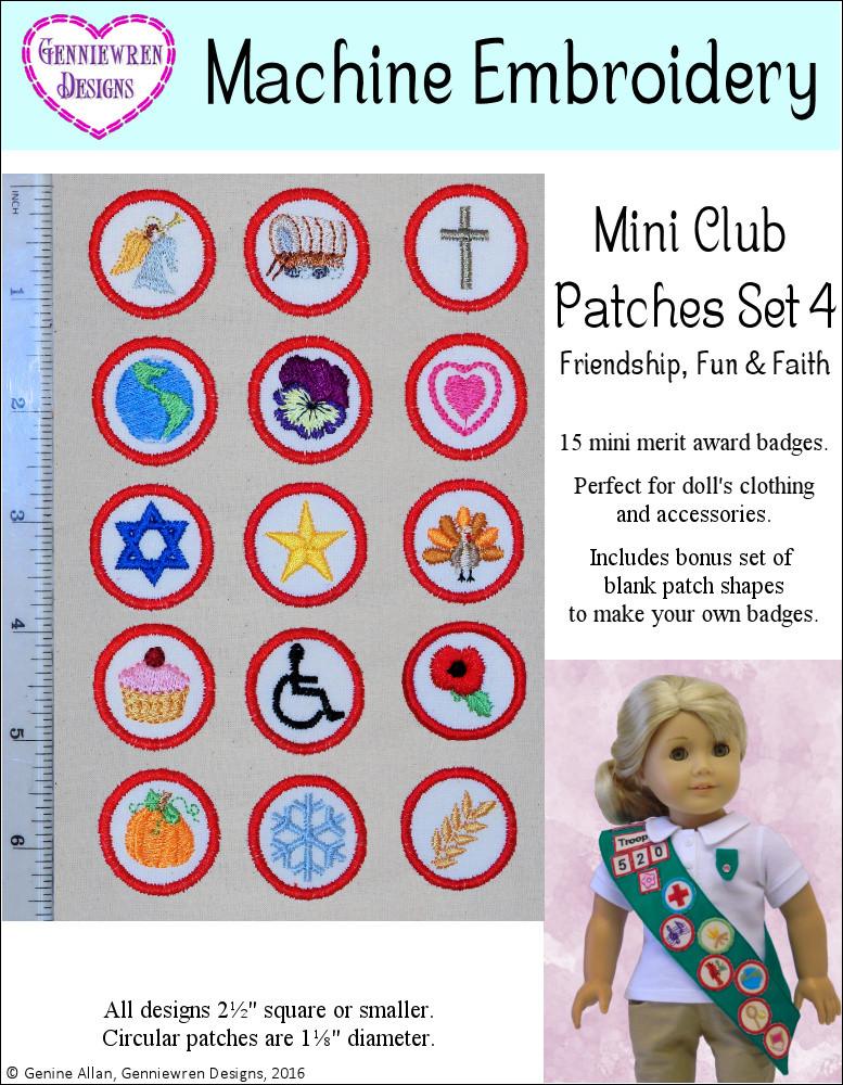 Genniewren Designs Mini Club Patches Design Set 4 - Friendship, Fun & Faith  Machine Embroidery Design For Doll Clothes