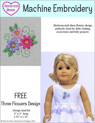 Genniewren Machine Embroidery Design FREE Three Flowers Machine Embroidery Design Pixie Faire