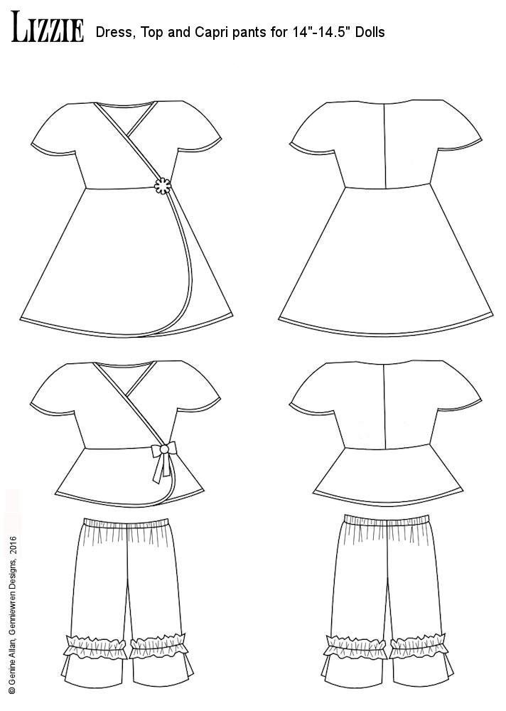 Genniewren WellieWishers Lizzie Dress, Top and Capris 14-14.5" Doll Clothes Pattern Pixie Faire