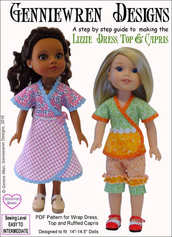 Genniewren WellieWishers Lizzie Dress, Top and Capris 14-14.5" Doll Clothes Pattern Pixie Faire