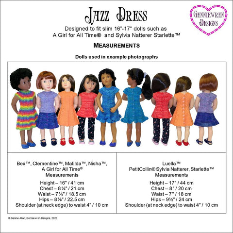 Genniewren A Girl For All Time Jazz Dress Knitting Pattern for AGAT and Sylvia Natterer Starlette™ Dolls Pixie Faire