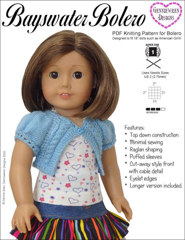 Genniewren Knitting Bayswater Bolero 18" Doll Knitting Pattern Pixie Faire