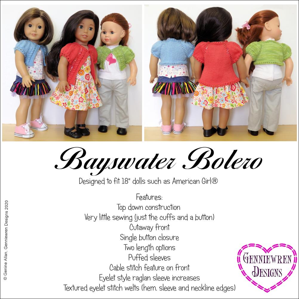 Genniewren Knitting Bayswater Bolero 18" Doll Knitting Pattern Pixie Faire