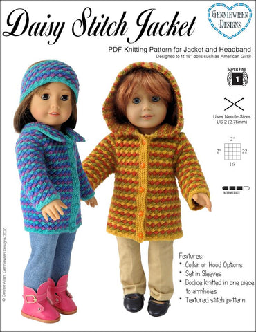 Genniewren Knitting Daisy Stitch Jacket 18" Doll Clothes Knitting Pattern Pixie Faire