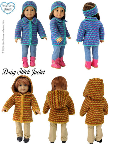 Genniewren Knitting Daisy Stitch Jacket 18" Doll Clothes Knitting Pattern Pixie Faire