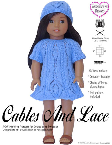 Genniewren Knitting Cables and Lace Dress 18" Doll Knitting Pattern Pixie Faire