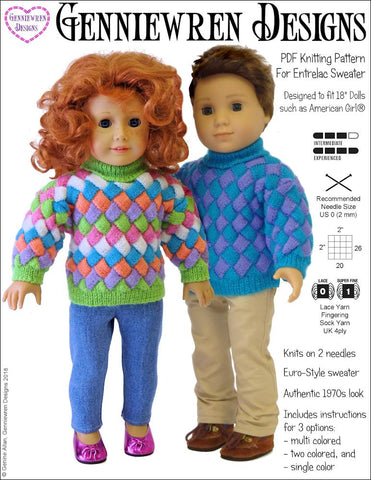 Genniewren Knitting Entrelac Sweater 18" Doll Knitting Pattern Pixie Faire