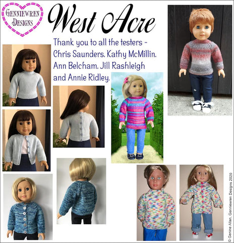 Genniewren Knitting West Acre Sweater 18" Doll Knitting Pattern Pixie Faire