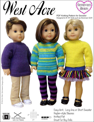 Genniewren Knitting West Acre Sweater 18" Doll Knitting Pattern Pixie Faire