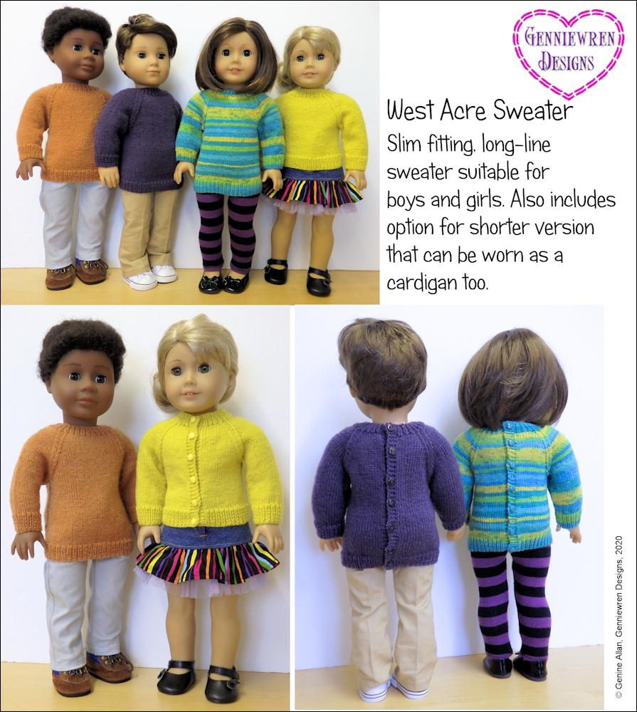 Genniewren Knitting West Acre Sweater 18" Doll Knitting Pattern Pixie Faire