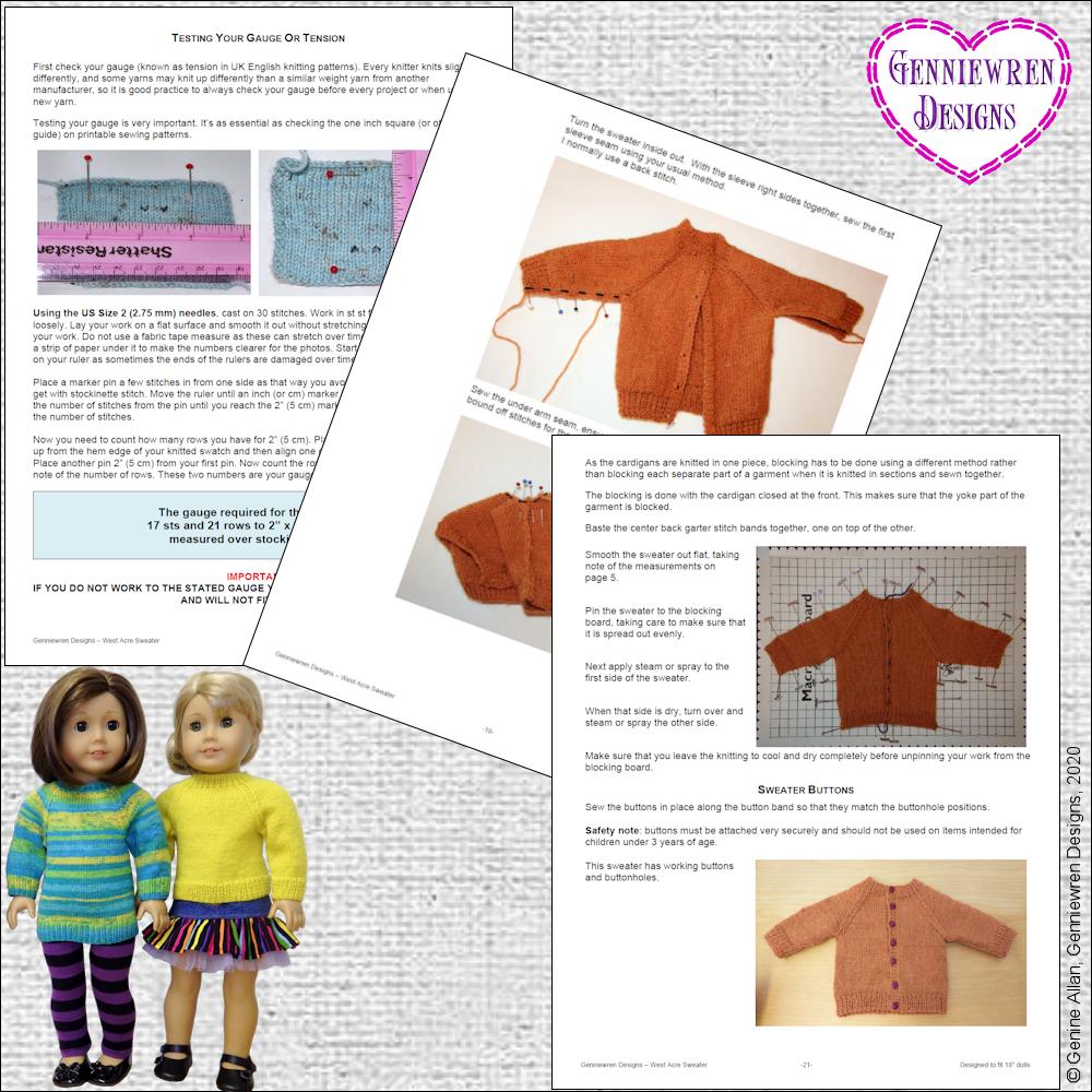 Genniewren Knitting West Acre Sweater 18" Doll Knitting Pattern Pixie Faire