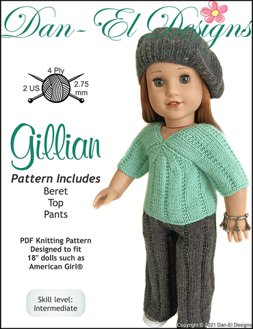 Dan-El Designs Knitting Gillian Knitted Outfit 18 inch Doll Clothes Knitting Pattern Pixie Faire
