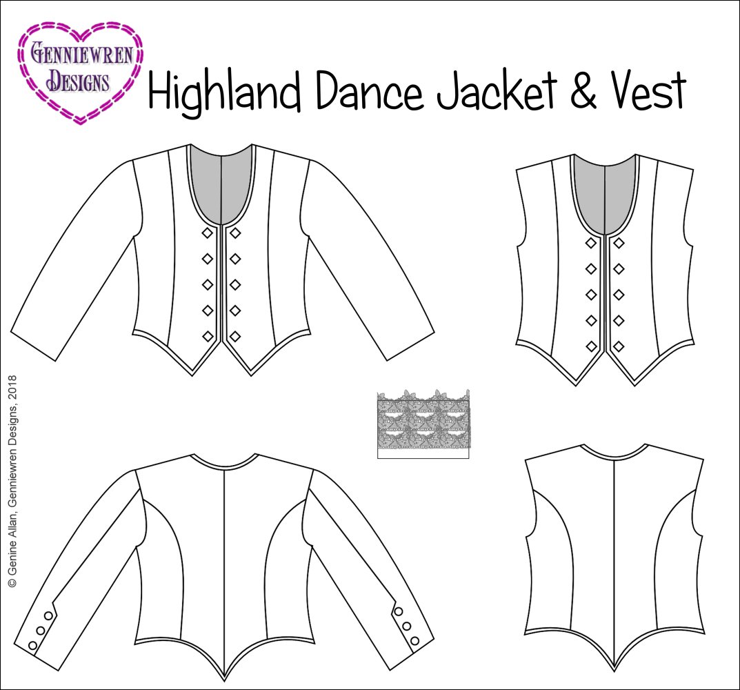 Genniewren 18 Inch Modern Girl's Highland Dance Jacket, Vest and Dickey 18" Doll Clothes Pattern Pixie Faire