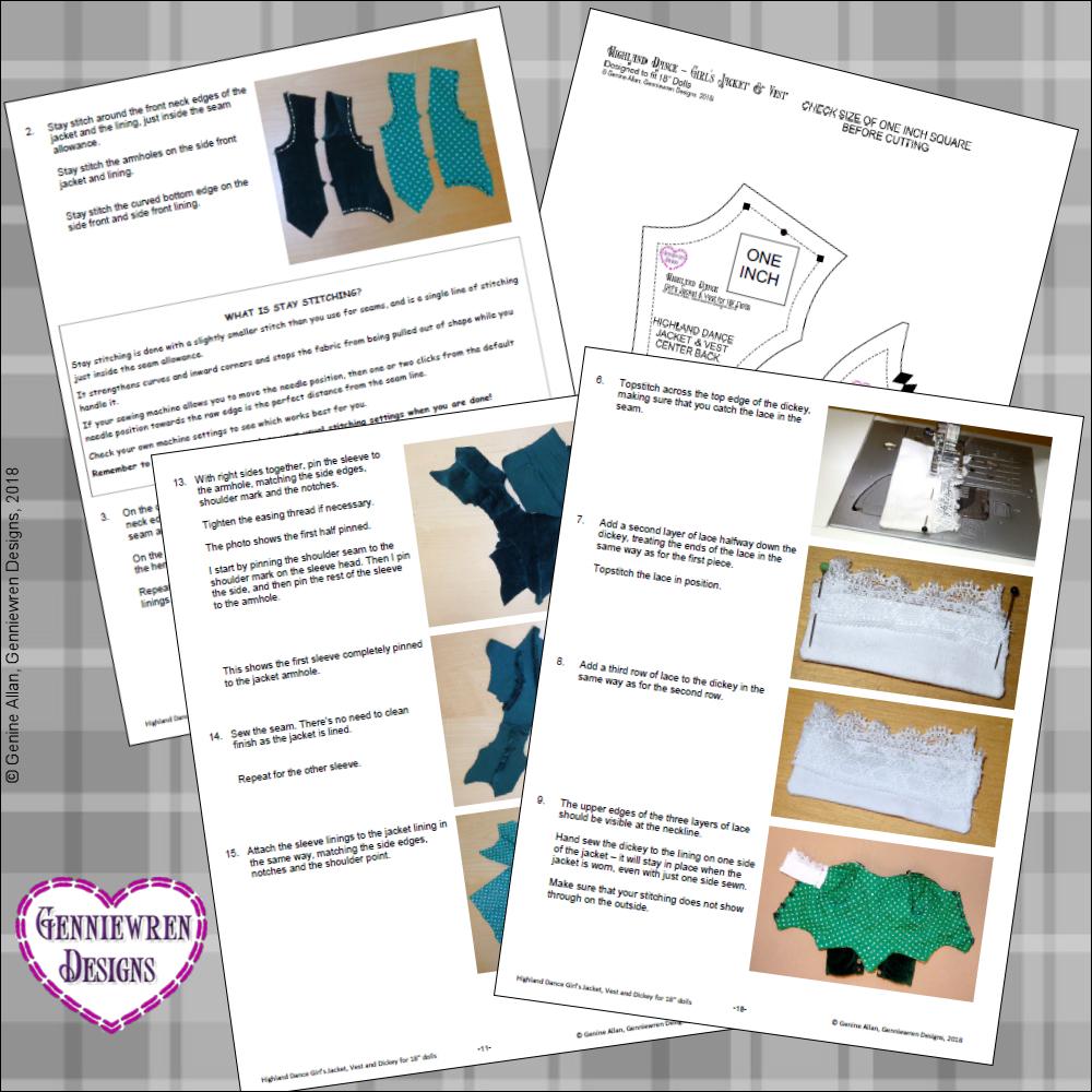 Genniewren 18 Inch Modern Girl's Highland Dance Jacket, Vest and Dickey 18" Doll Clothes Pattern Pixie Faire