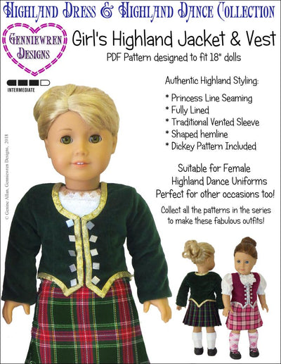 Girl's Highland Dance Jacket, Vest and Dickey 18" Doll Clothes Pattern