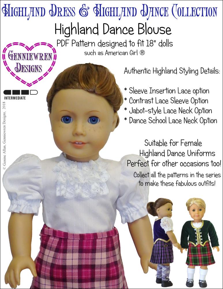 Highland Dance Blouse Doll Clothes Pattern 18 inch American Girl Dolls