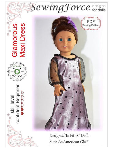 Sewing Force 18 Inch Modern Glamorous Maxi Dress 18" Doll Clothes Pattern Pixie Faire
