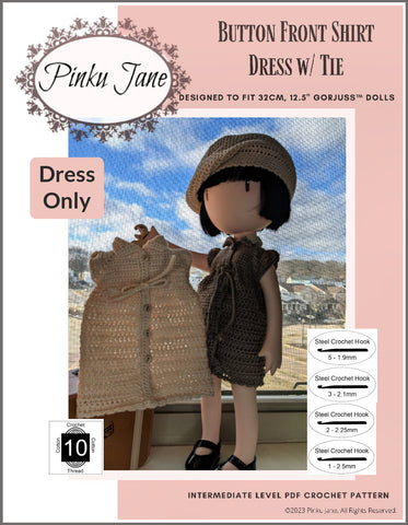 Pinku Jane Gorjuss Button Front Shirt Dress Crochet Pattern For 12.5" Gorjuss Dolls Pixie Faire