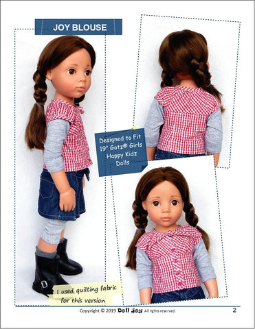 Doll Joy Gotz 19 Inch Joy Blouse Pattern for 19" Gotz Dolls Pixie Faire