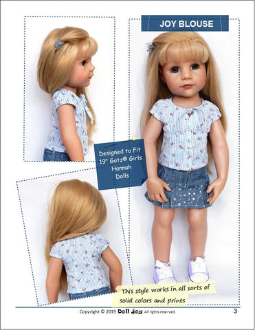 Doll Joy Gotz 19 Inch Joy Blouse Pattern for 19" Gotz Dolls Pixie Faire