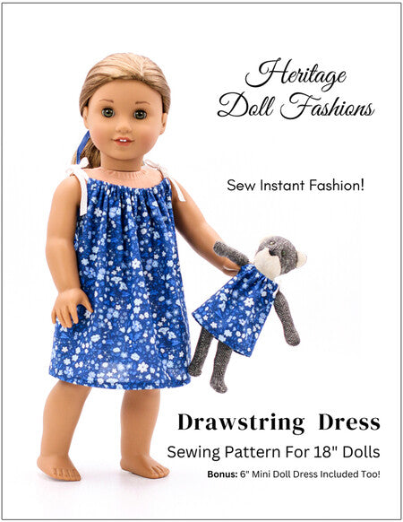 FREE 18 inch doll clothes pattern Drawstring Dress, Heritage Doll Fashions