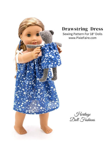 Heritage Doll Fashions 18 Inch Modern Drawstring Dress 18" and 6" mini Doll Clothes Pattern Pixie Faire