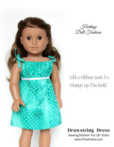 Heritage Doll Fashions 18 Inch Modern Drawstring Dress 18" and 6" mini Doll Clothes Pattern Pixie Faire