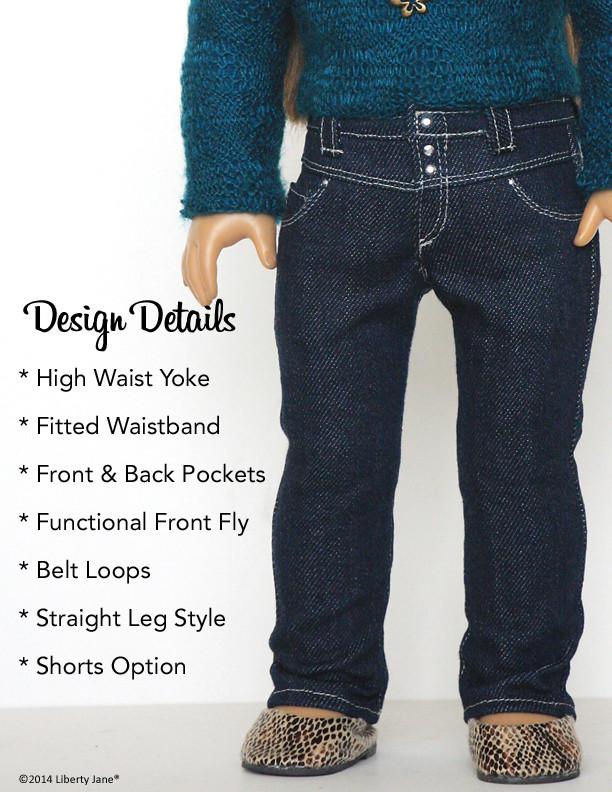 Liberty Jane 18 Inch Modern High-Waisted Jeans 18" Doll Clothes Pattern Pixie Faire