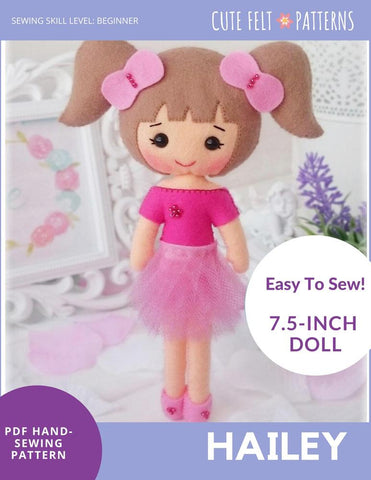 Cute Felt Patterns Hand Sewing Hailey 7.5" Felt Doll Hand Sewing Pattern Pixie Faire