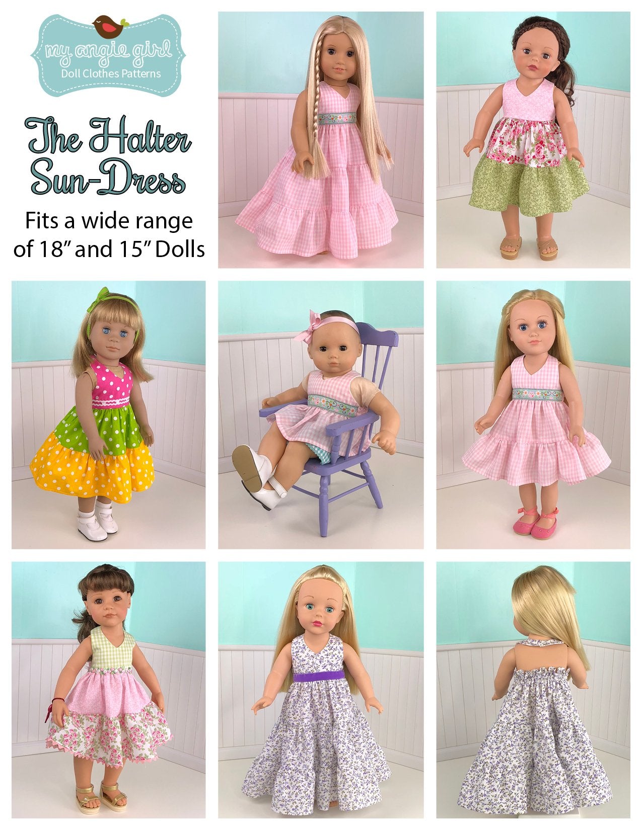 My Angie Girl 18 Inch Modern Halter Sun-Dress 18" Doll Clothes Pattern Pixie Faire
